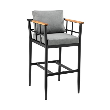 Armen Living Orlando Outdoor Patio Counter Height Bar Stool in Aluminum and Teak with Gray Cushions LCOOBLGR26