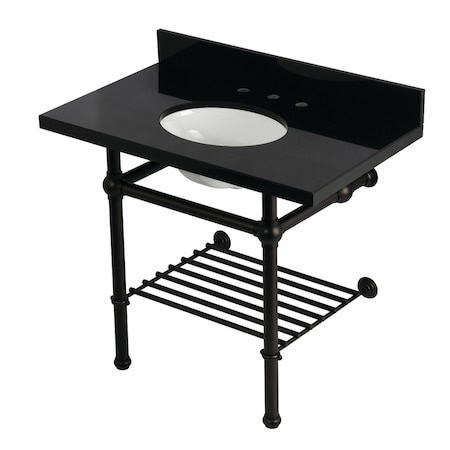 Kingston Brass 36-Inch Black Granite Console Sink with Brass Legs and Shelf, 8-Inch, 3-Hole KVPK3630KBB5