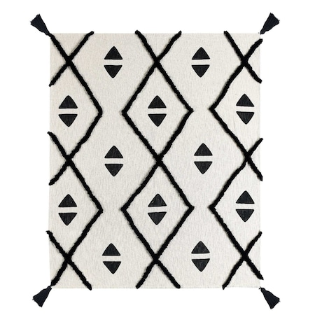 Homeroots 50" X 60" Black and White Woven Cotton Geometric Throw Blanket with Tassels 516484