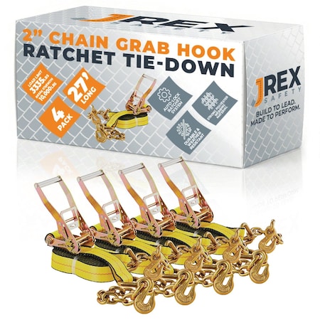 Jrex Safety 4PK HD Ratchet Straps with Chain Grab Hooks, Yellow 2 in x 27 ft Tie Downs RTD227-JR-CG-4PK