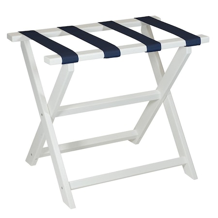 Homeroots Earth Friendly White Folding Luggage Rack With Navy Straps 383088