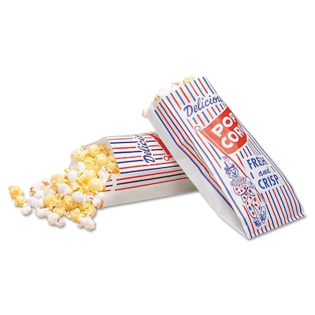 Bagcraft Pinch-Bottom Paper Popcorn Bag, 4w x 1.5d x 8h, Blue/Red/White, PK1000 300471