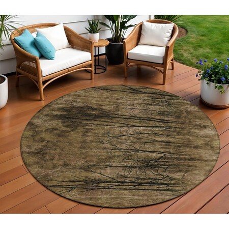 Homeroots 8' Brown And Charcoal Round Floral Washable Indoor Outdoor Area Rug 631007