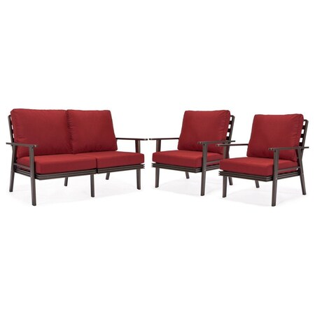 Leisuremod Walbrooke 3-Piece Outdoor Patio Set, Brown Aluminum Frame & Removable Cushions, Red WBR-57-31R