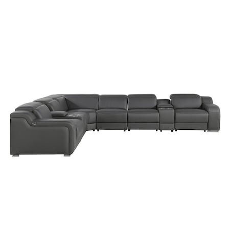 Homeroots Gray Italian Leather Power Reclining Curved Eight Piece Corner Sectional With Console 544986