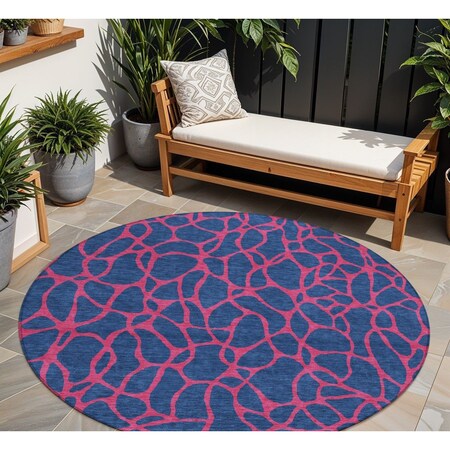 Homeroots 8' Navy Blue And Dark Pink Round Geometric Washable Indoor Outdoor Area Rug 599222