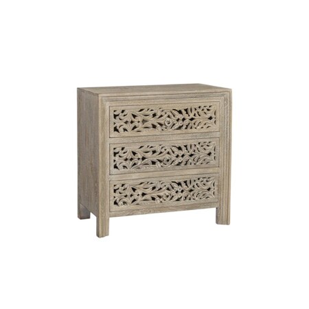 Homeroots 30" Natural Solid Wood Distressed Carved Floral Three Drawer Nightstand 569586
