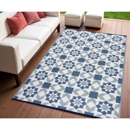 Homeroots 4' X 6' Teal Blue Geometric Indoor Outdoor Area Rug 555569