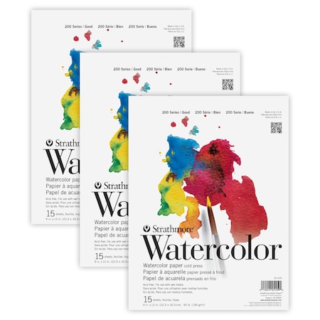 Strathmore 200 Series Watercolor Pad, Tape Binding, 15 Sheets, 9x12 inch, 3PK P25-109-1