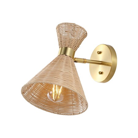 Jonathan Y Zoey 10" 1-Light Mid-Century Vintage Retro Rattan/Metal LED Sconce w/Adjustable Shade, Light Brown/Br JYL1601A