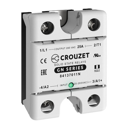 Crouzet SSR, GN, Single Phase, Panel Mount, 25A, IN 20-265 VAC, OUT 280 VAC, Zero Cross, 5PK 84137011N