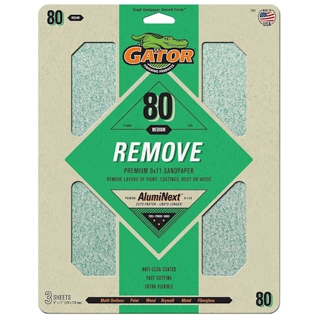 Gator Sanding Sheet, 11 in L, 9 in W, 80 Grit, Medium, Aluminum Oxide Abrasive 7261