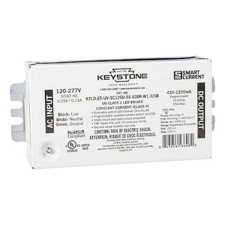Keystone LED Driver, 0-10V, 5 in - L, 1PK KTLD-25-UV-SC1250-56-VDIM-W1 /USB
