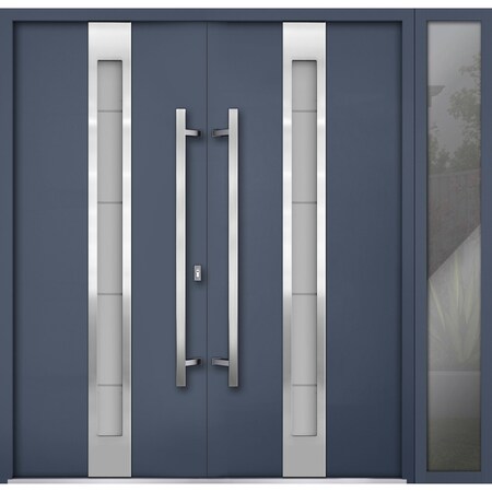 Vdomdoors Steel Double Doors Deux 1717 Gray Graphite Sidelight Exterior Window Stainless Inserts Single Moder DEUX1717DEXD-GRE-RH-W72+12 x H80