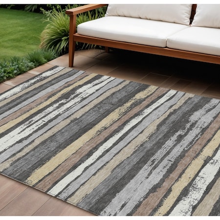 Homeroots 9' X 12' Charcoal Beige And Brown Striped Washable Indoor Outdoor Area Rug 598876