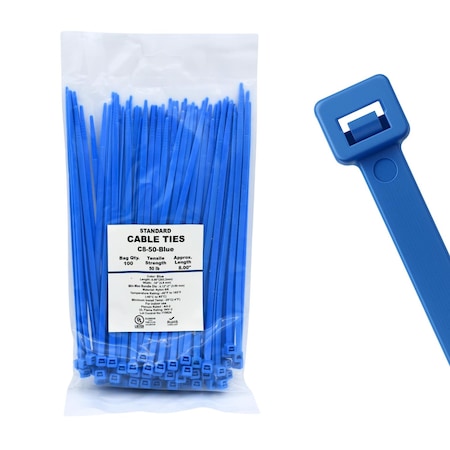 Cable Ties Unlimited Cable Tie, 8 in L, 50 lb Strength, 2.2 in Max Bundle Dia, Nylon 6/6, Blue 100PK C8-50-Blue