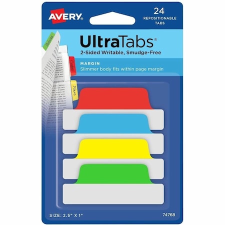 Avery Dennison Avery Ultra Tabs Repositionable Tabs, 2-1/2in x 1in, Primary: Green, Red, Yellow, Blue, 24/Pack 74768