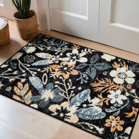 World Rug Gallery Garden Floral Area Rug 2 ft x 3 ft Black WR147BLACK2X3