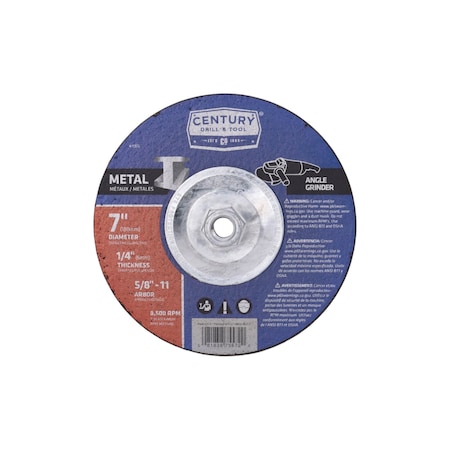 Century Drill & Tool Metal Grinding Wheel, Type 27, 7 in Dia, 1/4 in Thick, 5/8 in-11 Arbor Hole Size, Aluminum Oxide 75572