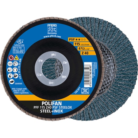 Pferd Tools Flap Disc, 4-1/2" x 7/8, Z PSF STEELOX, 40 Grit, T27, Flat, Zirconia 62014