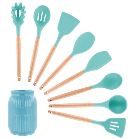 Megachef Light Teal Silicone and Wood Cooking Utensils, Set of 9 MGSP-465
