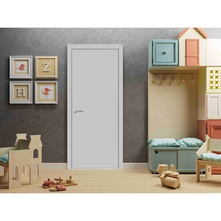 Sartodoors Modern Wood Interior Door with Hardware, Planum 0010 Matte Grey, Single Panel Frame Trims, Bathroom PLANUM0010ID-GRE-18