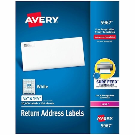 Avery Return Address Labels, Sure Fee, PK20000, 1/2" Label W, 80 Labels per Sheet White 5967