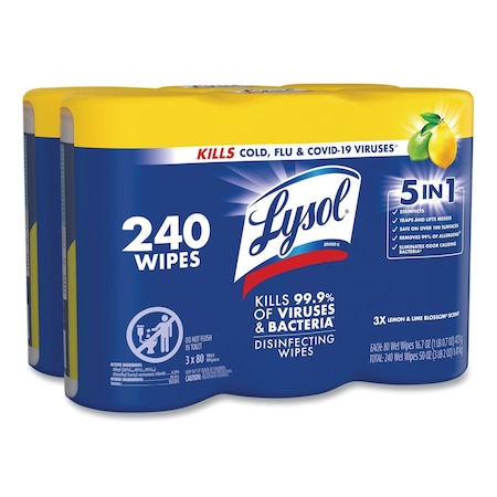 Lysol Disinfecting Wipes, 80 Wipe Canister, 7x8 in Wipes, Nonwoven Fiber, Lemon & Lime Blossom, PK6 REC 84251