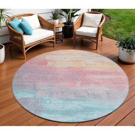 Homeroots 8' Salmon And Beige Round Abstract Washable Indoor Outdoor Area Rug 610963