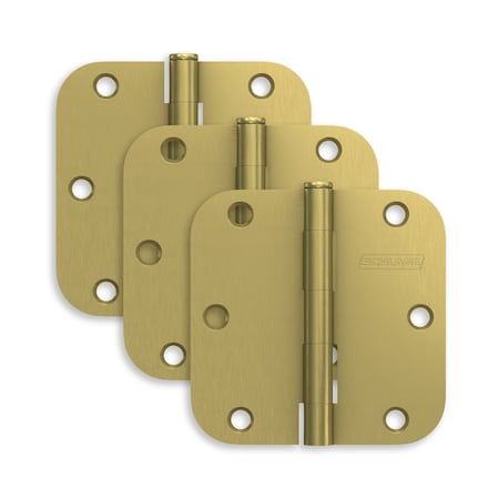 Schlage Residential Pack of 3 3-1/2in x 3-1/2in 5/8in Radius Corner Hinges Satin Brass Finish, 3PK S3P1011FRP608