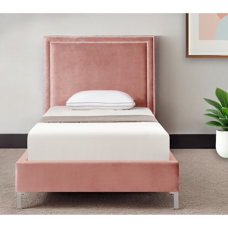 Homeroots Blush Solid Wood Twin Upholstered Velvet Bed with Nailhead Trim 544787