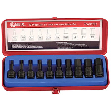 Genius Tools 10PC 3/8in Dr. SAE Hex Head Driver Set TH-310S