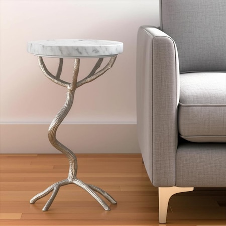 Homeroots 22" Silver And White Marble Round End Table 556507