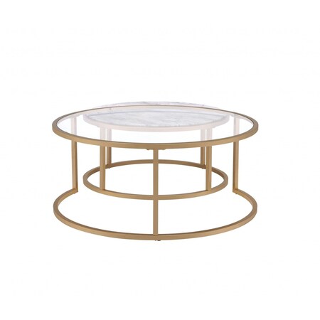Homeroots Clear White and Gold Glass And Faux Marble And Iron Round Frame Nested Coffee Tables, 2PK 347396