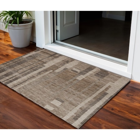 Homeroots 3' X 5' Brown And Beige Striped Washable Indoor Outdoor Area Rug 602761