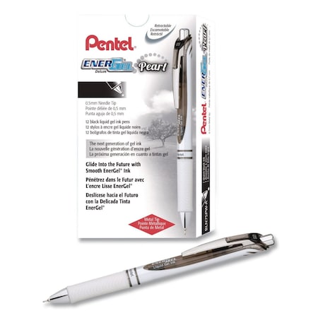 Pentel EnerGel Pearl Deluxe RTX Gel Pen, Retractable, Fine 0.5mm, Black Ink, Pearl White/Black Barrel, 12PK BLN75PW-A