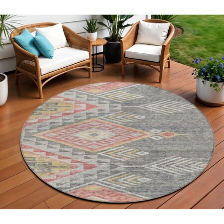 Homeroots 8' Gray And Terra Cotta Round Southwestern Washable Indoor Outdoor Area Rug 603547