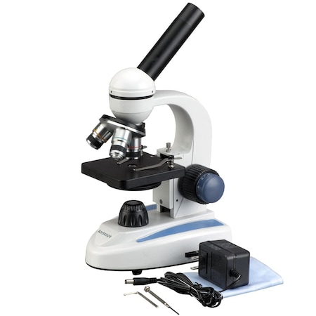 Amscope Student Cordless Monocular Compound Microscope 40X-400X w/LED, Coarse-Fine and Metal Body Glass M158