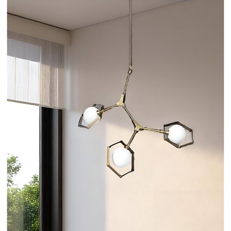 Homeroots Champagne Unique Statement Three Light Metal and Glass Dimmable Chandelier With White Shades 611349