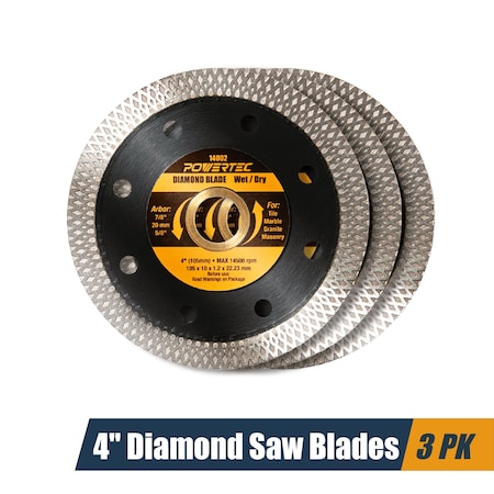 Powertec 4in Diamond Saw Blades for Handheld Tile Saw & Angle Grinder, Super Thin Turbo Mesh Rim, 3PK 14002-P3