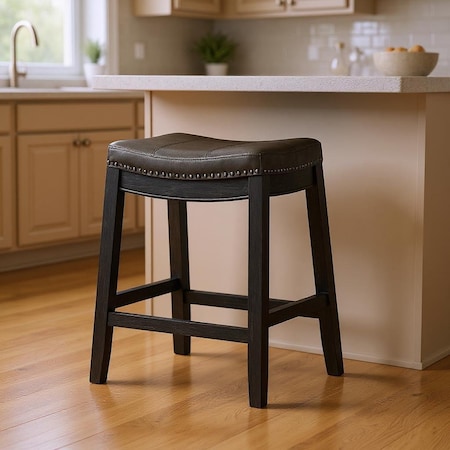 Homeroots 26" Charcoal and Black Faux Leather and Solid Wood Backless Counter Height Bar Chair 632492