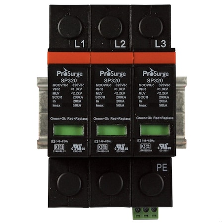 Automation Systems Interconnect 3 Ph. Surge Protector, 480/277Vac, DIN Rail, For Use In 3 Ph. Wye 3 Wire and Ground Circuit, UL1449 ASISP320-3P