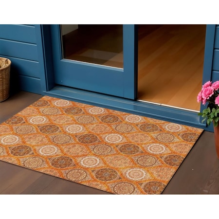 Homeroots 3' X 5' Orange Ivory And Gray Floral Medallion Washable Indoor Outdoor Area Rug 614617
