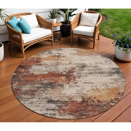 Homeroots 8' Rust And Beige Round Abstract Washable Indoor Outdoor Area Rug 630629