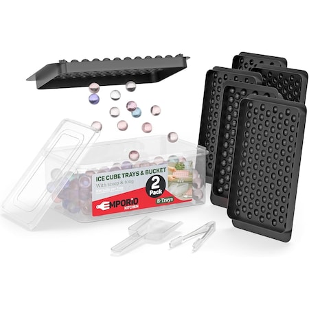 Emporio Kitchen Round Ice Cube Tray Set Pack of 2, BPA-Free, 104 Ice Balls per Tray, Lid & Tongs, Black EMPICES42BK