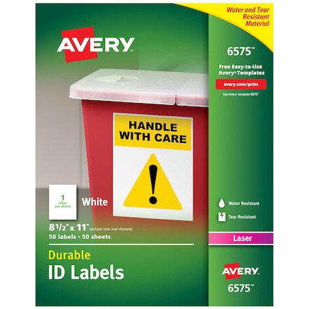 Avery Avery White Permanent Durable ID Labels for Laser Printers 6575, 8-1/2" x 11", PK50 7278206575