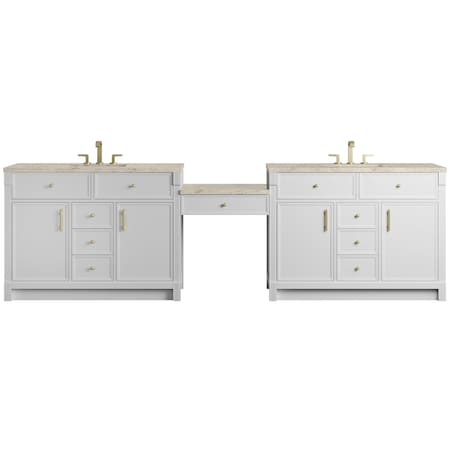 James Martin Vanities Bellshire 120" Dual Vanity Set w/24" Make-Up Counter, Bright White w/3 cm Tajnar Eclos Top w/FreePow 660-VMC120-BW-FTJR