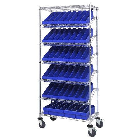 Quantum Storage Systems WIRE SHELVING UNIT W/48 BLUE BINS MOBILE MWRS-7-604BL