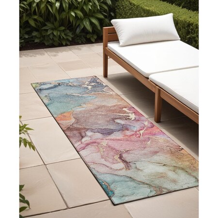Homeroots 8' Runner Blue Abstract Washable Non Skid Indoor Outdoor Runner Rug 559169