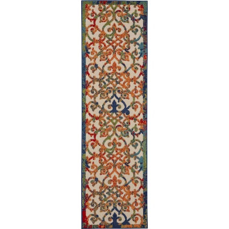 Homeroots 8' Ivory Blue Orange And Green Trellis Indoor Outdoor Runner Rug 546795